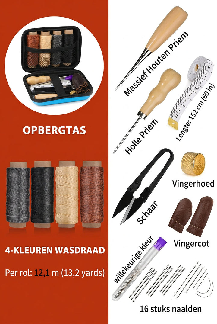 Leather sewing kit with waxed thread and precision needles.