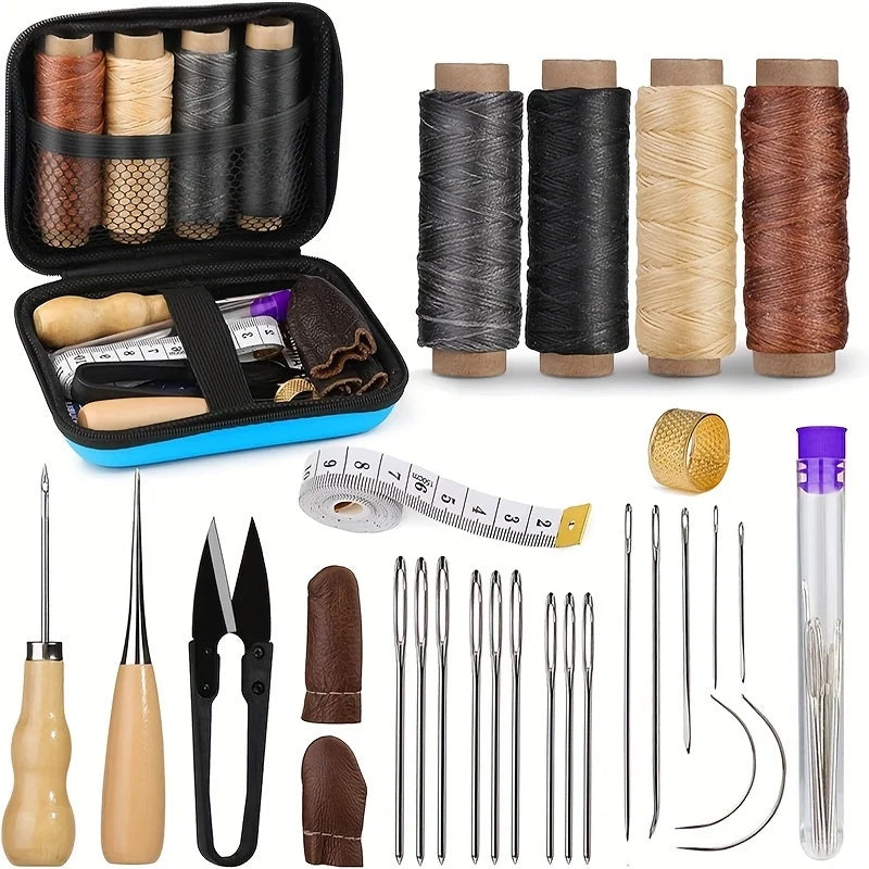 Leather sewing kit with waxed thread and precision needles.