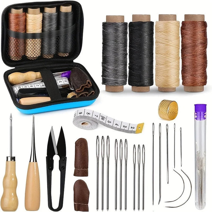 Leather sewing kit with waxed thread and precision needles.