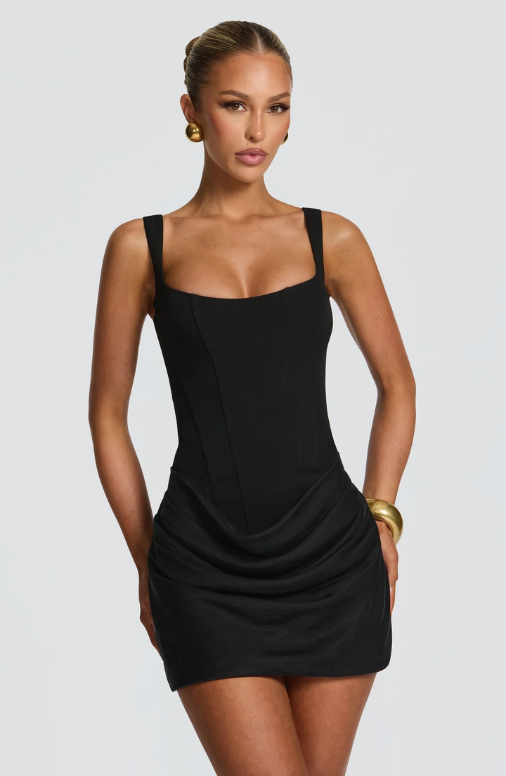 Mini Dress with Structured Bodice and Draped Skirt