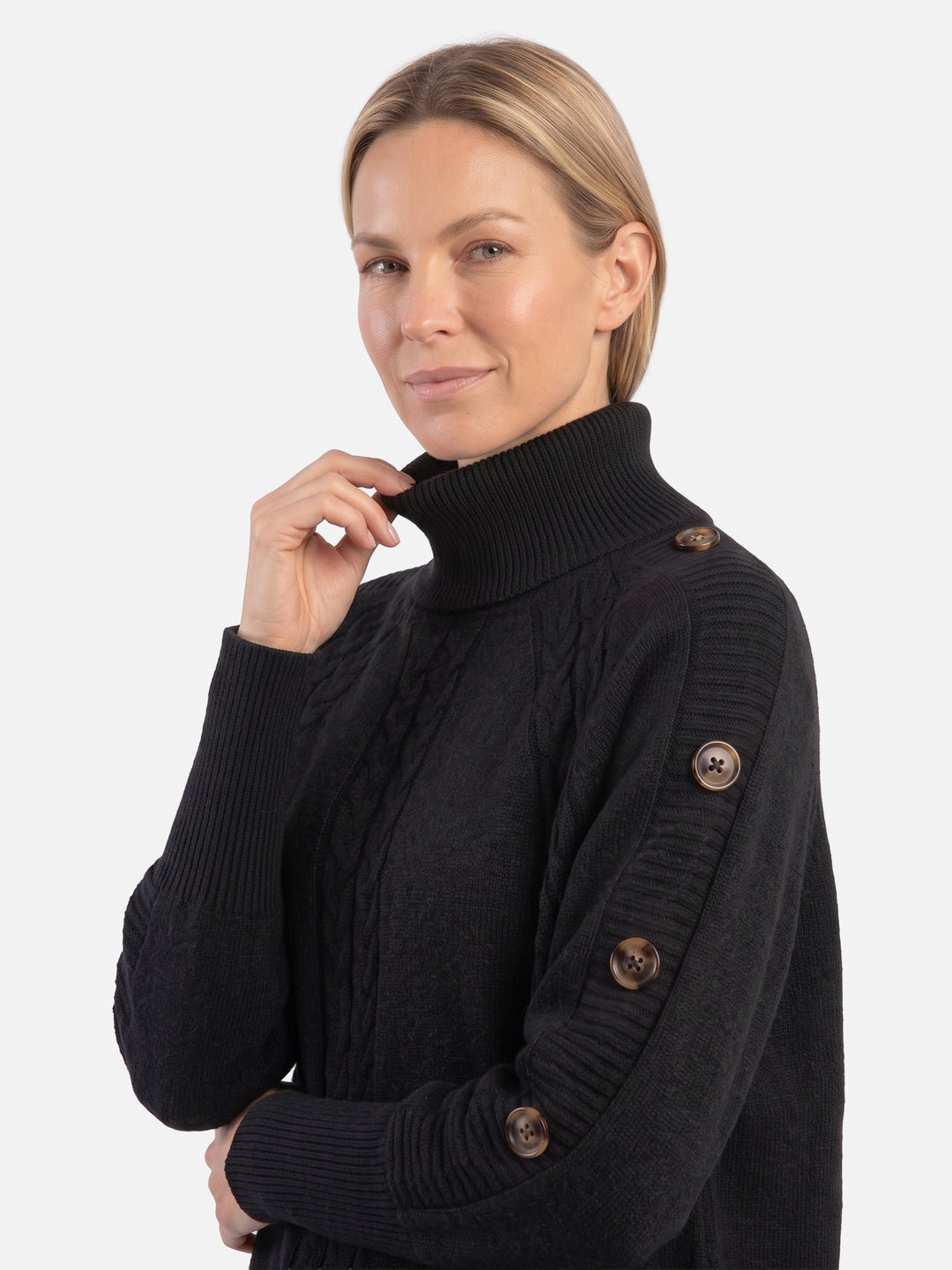 Women's Cable Knit Turtleneck Sweater with Buttons
