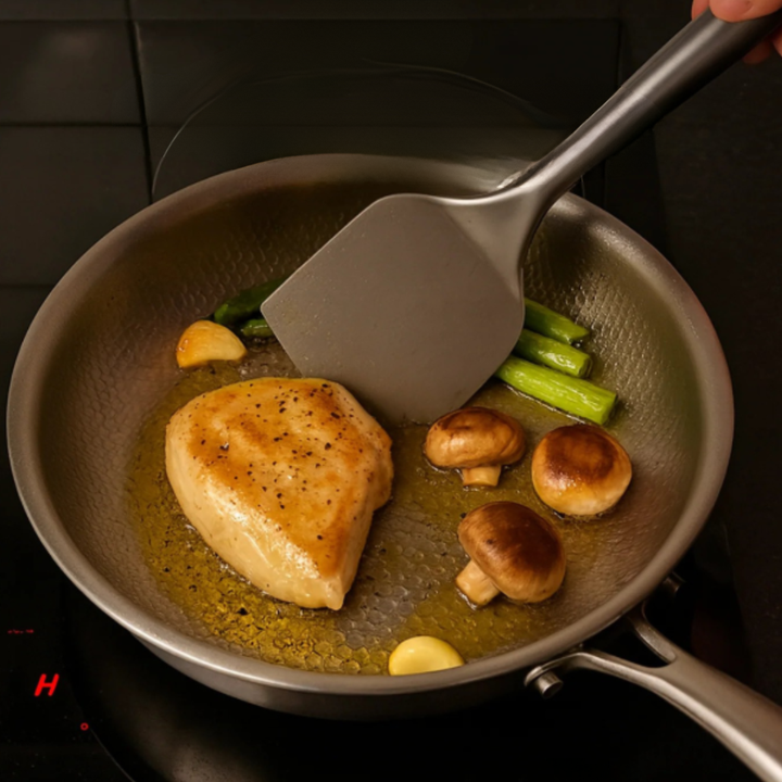 Titanium Induction Cookware with Hammered Finish – Durable, Metallic Silver Frying Pan