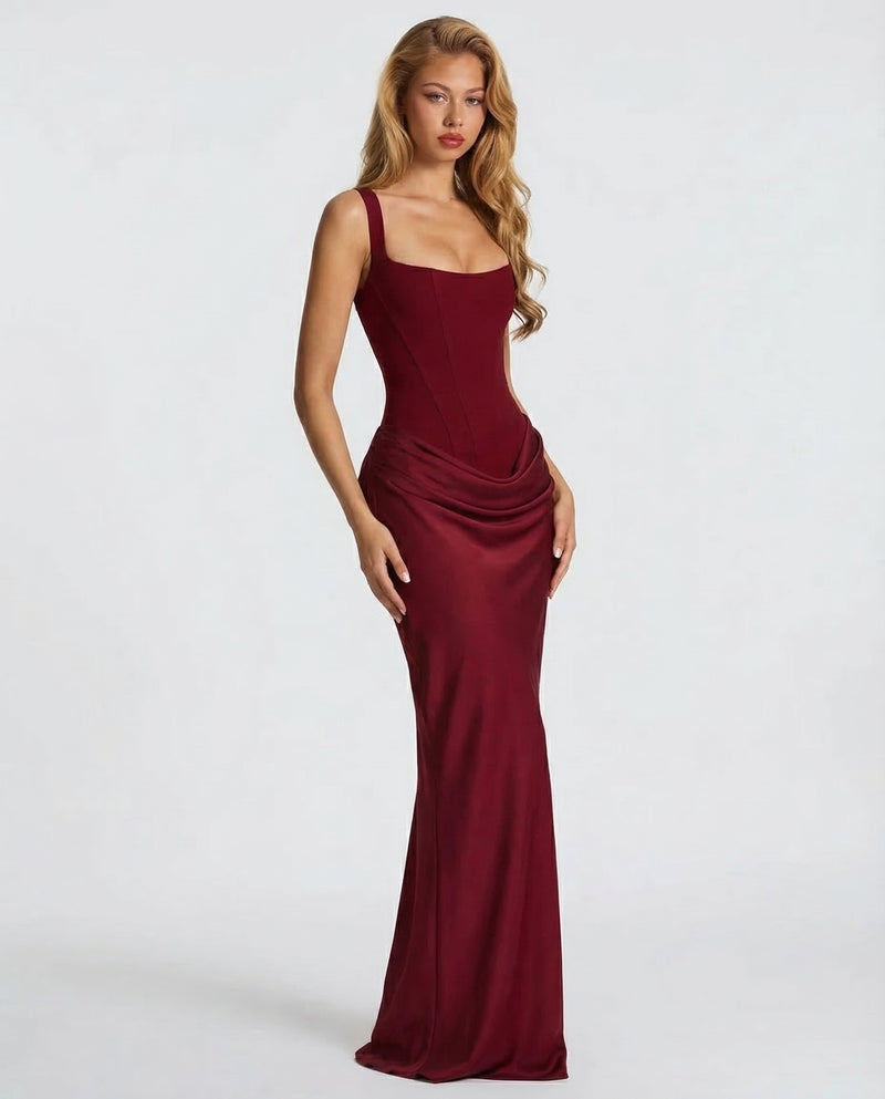 Corset Maxi Dress with Draped Skirt and Lace-Up Back