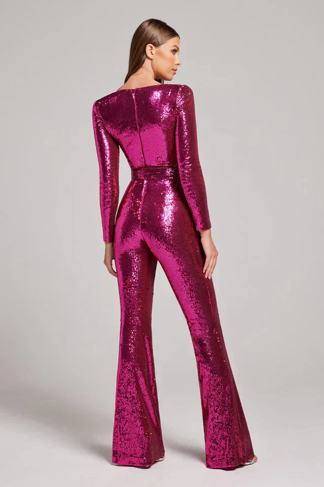 Sequin Jumpsuit with Corset Detail and Flared Legs