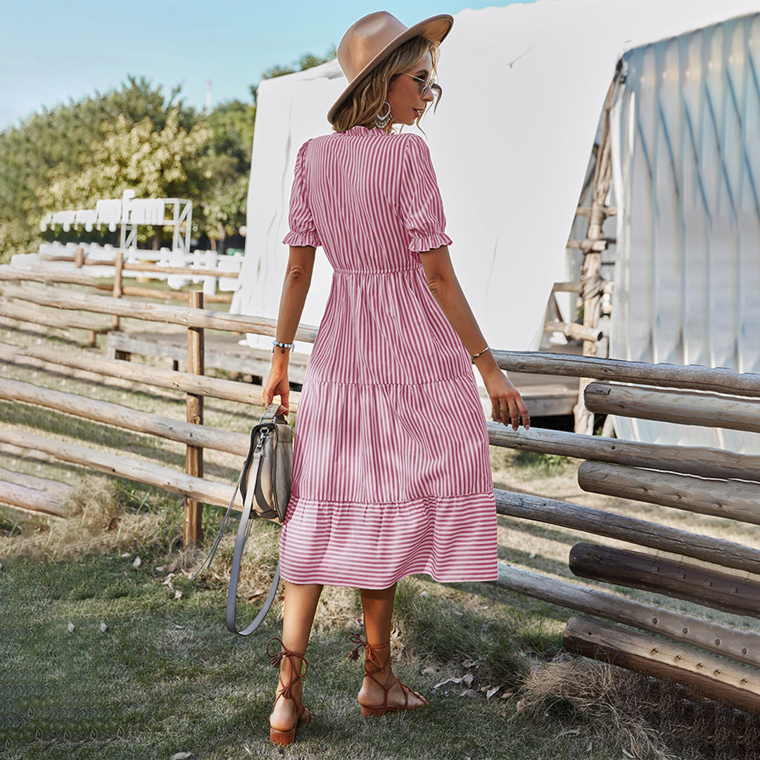 Striped Summer Dress with Lantern Sleeves and V-Neck