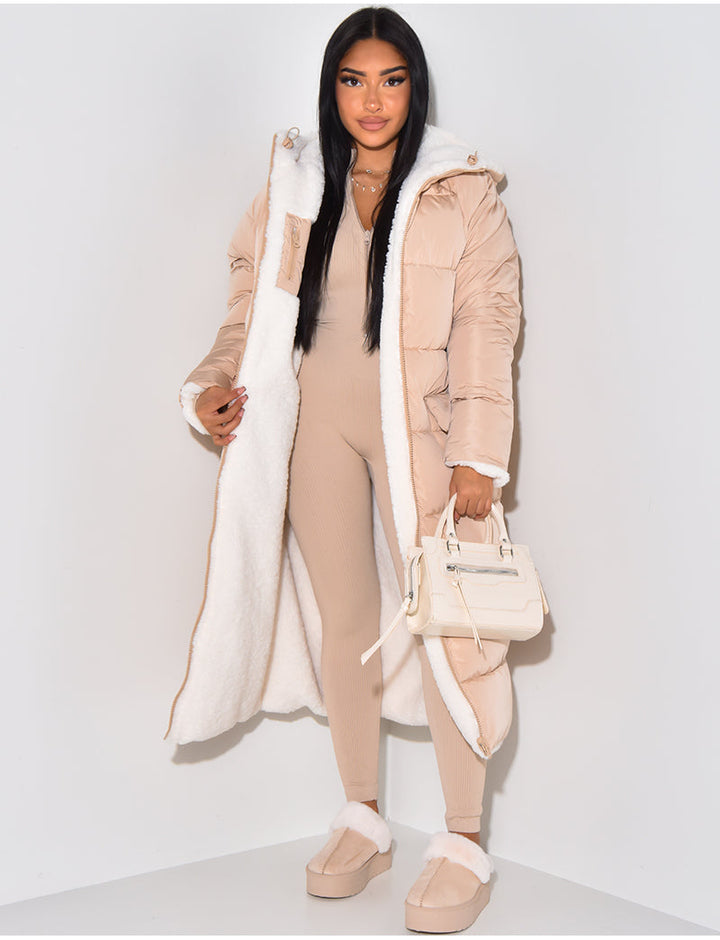 Reversible Women's Quilted Coat with Hood, Ankle-Length