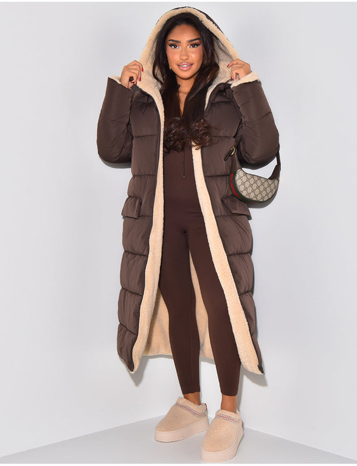 Reversible Women's Quilted Coat with Hood, Ankle-Length