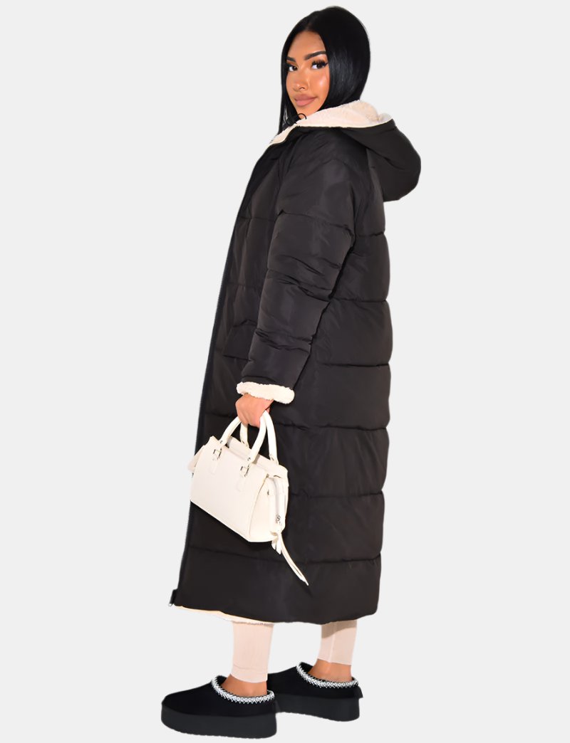 Reversible Women's Quilted Coat with Hood, Ankle-Length