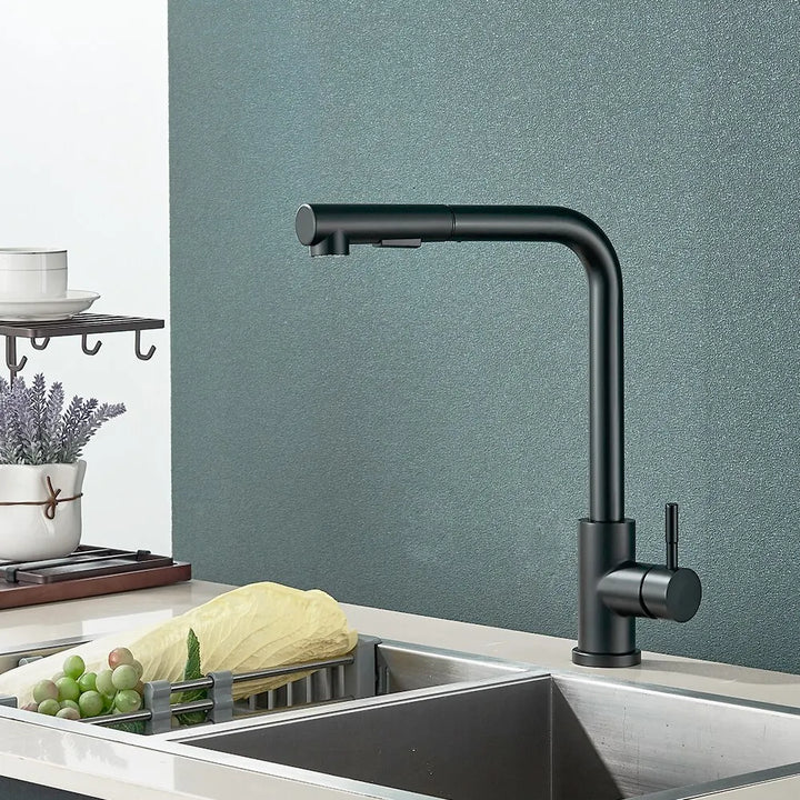 Black Pull-Out Kitchen Tap – Flexible 2-Mode Nozzle for Stream and Spray, Stainless Steel Mixer for Hot and Cold Water