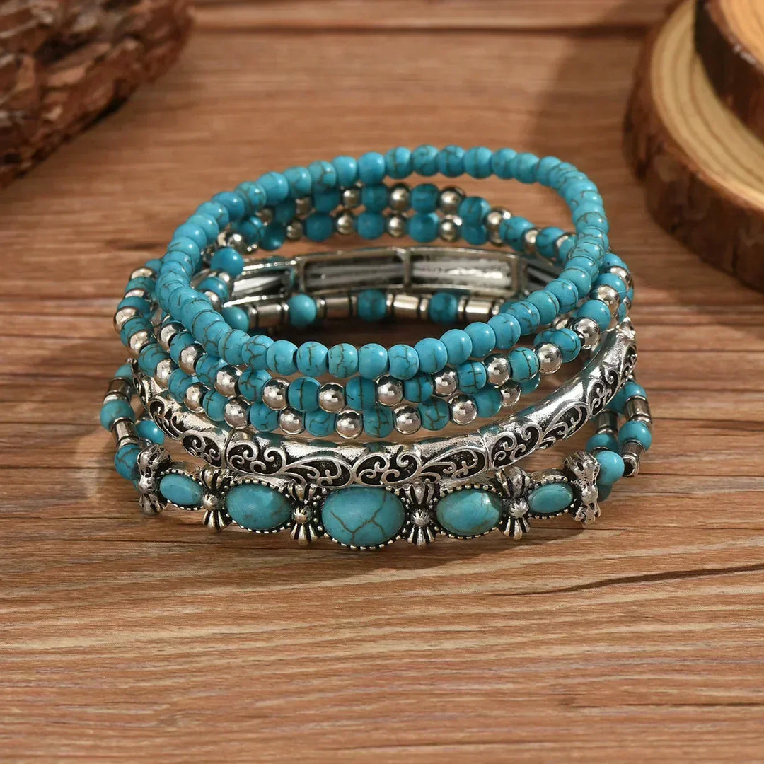 Boho Bracelet Set – 5 Pieces with Turquoise Beads