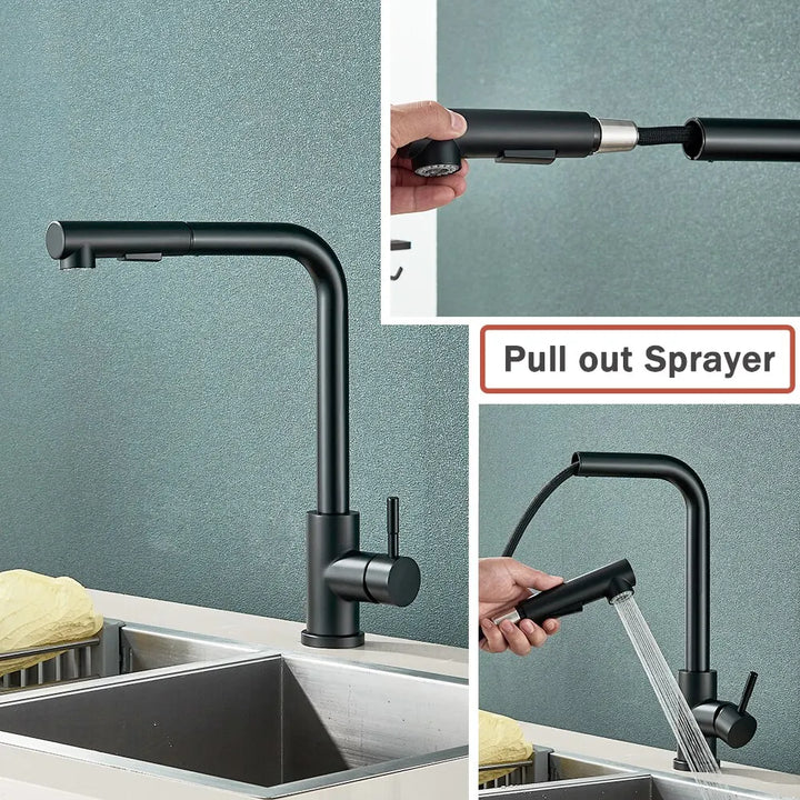 Black Pull-Out Kitchen Tap – Flexible 2-Mode Nozzle for Stream and Spray, Stainless Steel Mixer for Hot and Cold Water