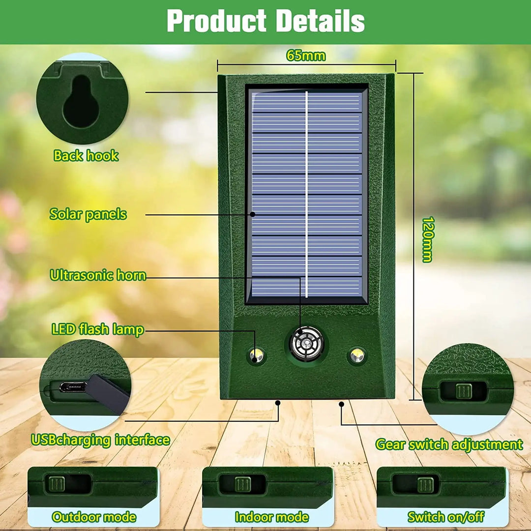 SolarGuardix Solar Ultrasonic Bird Repeller | With LED and Motion Sensor | IP58 Waterproof | 600 m² Coverage