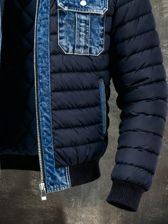 Men's Quilted Denim Jacket with Stand-Up Collar and Front Zip Fastening, Blue