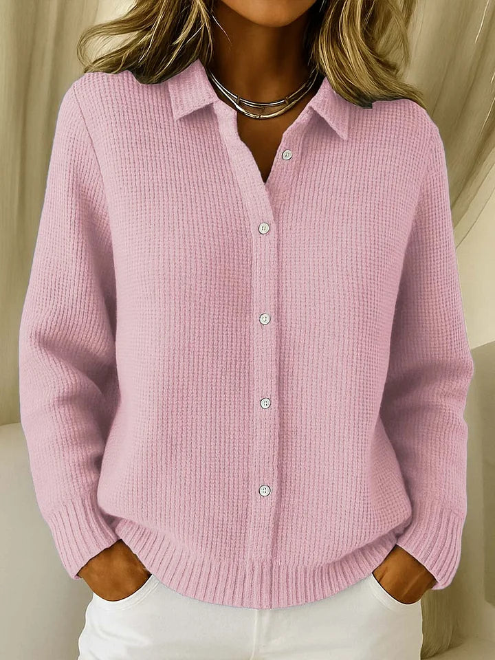 Women's Knitted Polo Sweater with Texture, Collar and Button Fastening