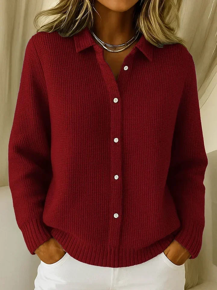 Women's Knitted Polo Sweater with Texture, Collar and Button Fastening