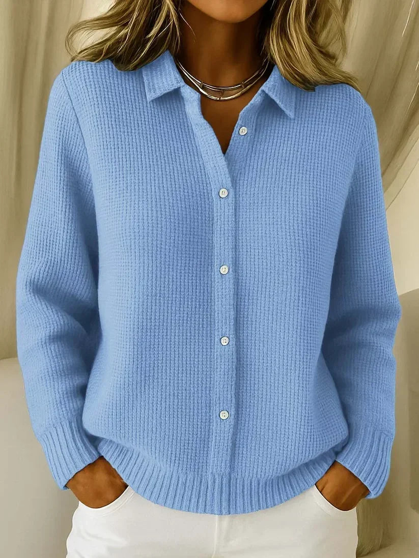 Women's Knitted Polo Sweater with Texture, Collar and Button Fastening