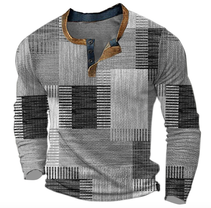 Men's Henley Sweatshirt with Button Placket and Geometric Pattern