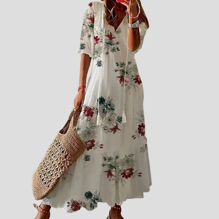 Boho Chic Floral V-Neck Maxi Dress – Perfect for Warm Days