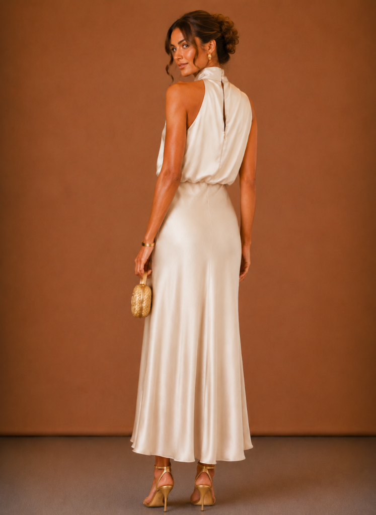 Women's satin halter-neck maxi dress – elegant wedding guest dress