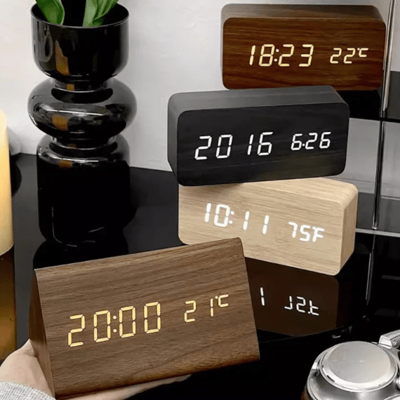 Elegant LED wooden clock with voice control