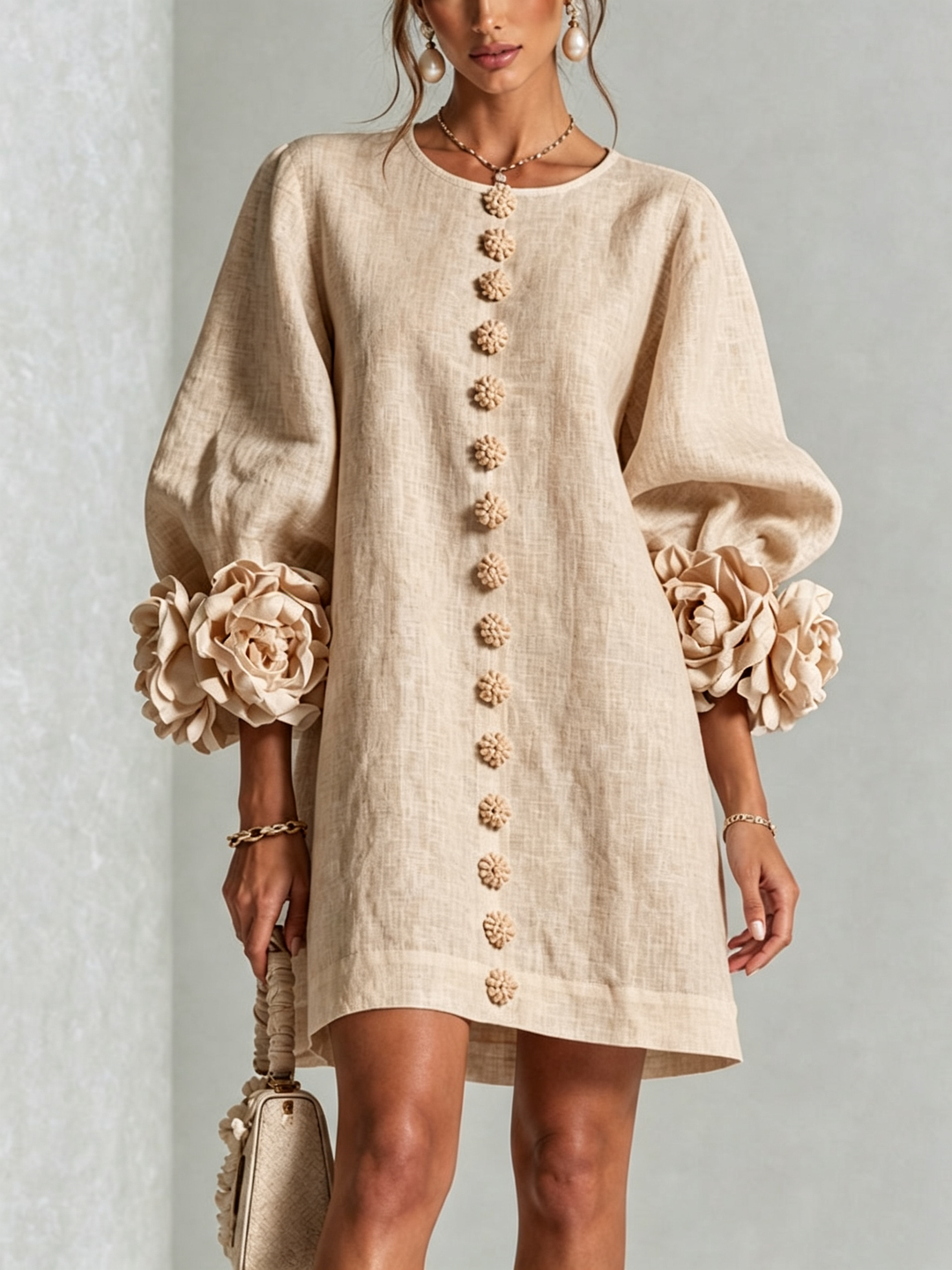 Women's Linen Tunic Mini Dress with Long Puff Sleeves