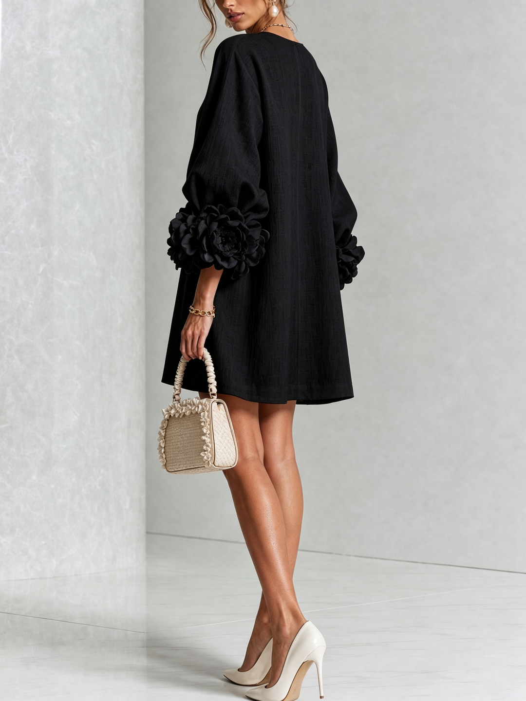Women's Linen Tunic Mini Dress with Long Puff Sleeves