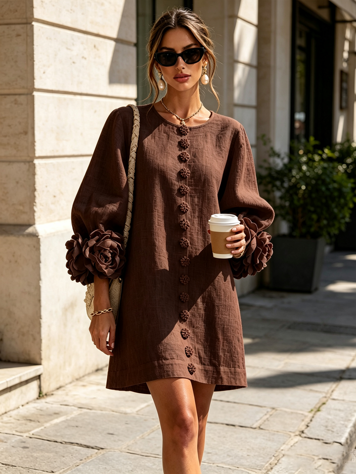 Women's Linen Tunic Mini Dress with Long Puff Sleeves