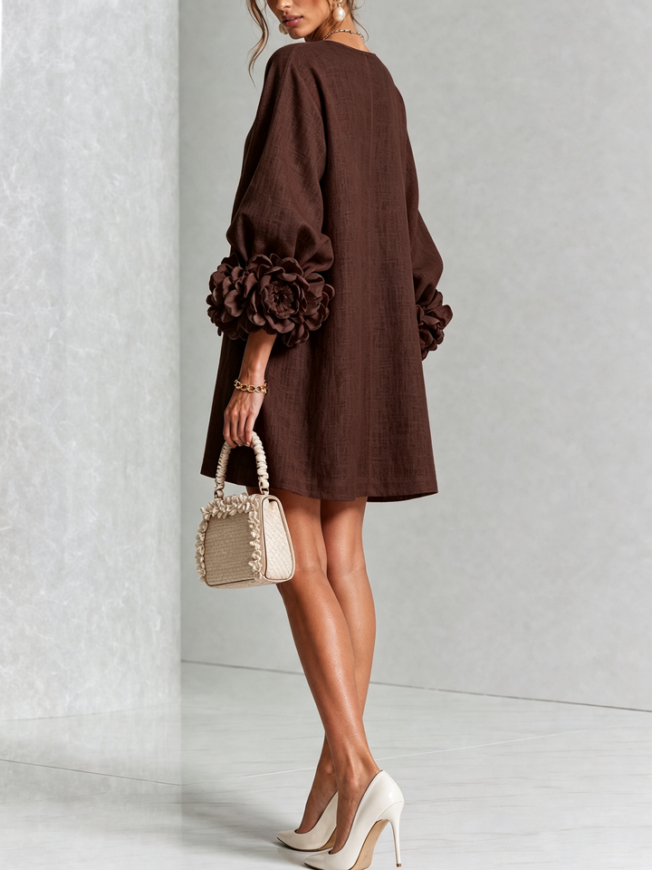 Women's Linen Tunic Mini Dress with Long Puff Sleeves