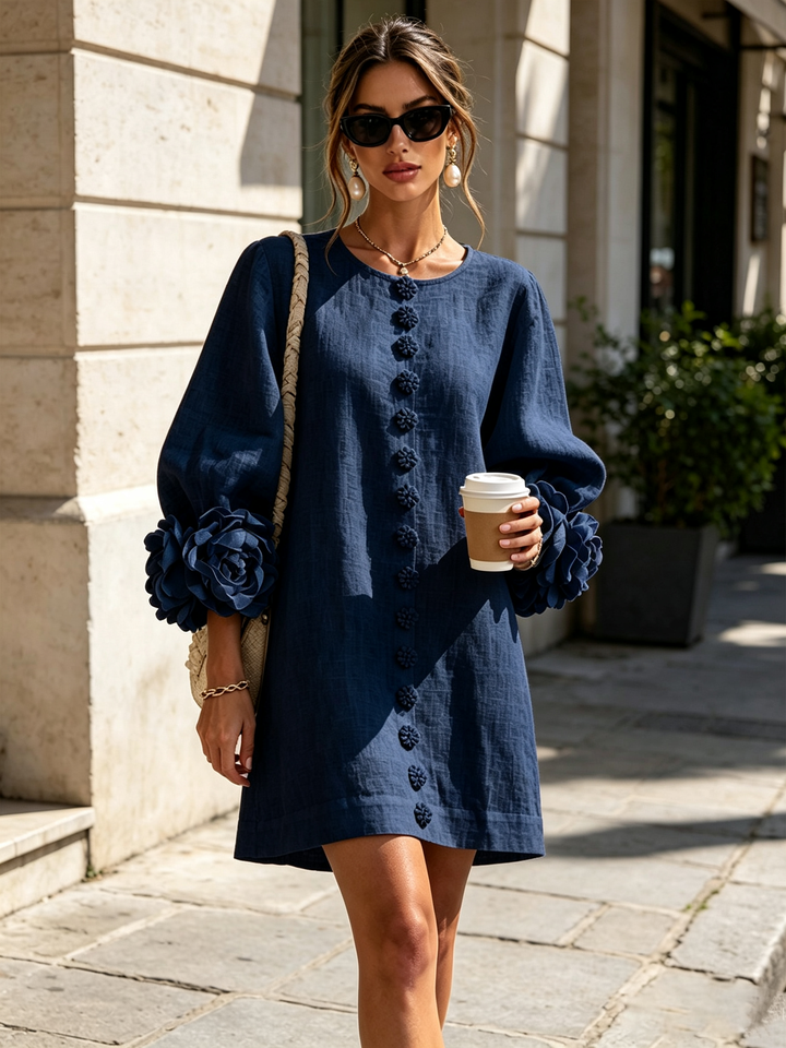 Women's Linen Tunic Mini Dress with Long Puff Sleeves