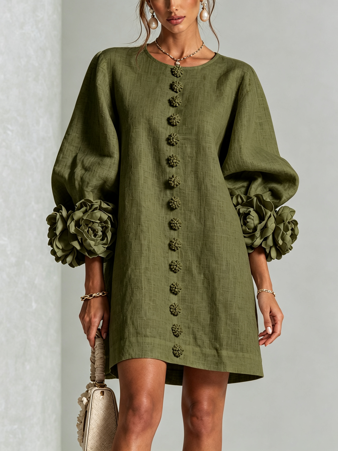 Women's Linen Tunic Mini Dress with Long Puff Sleeves