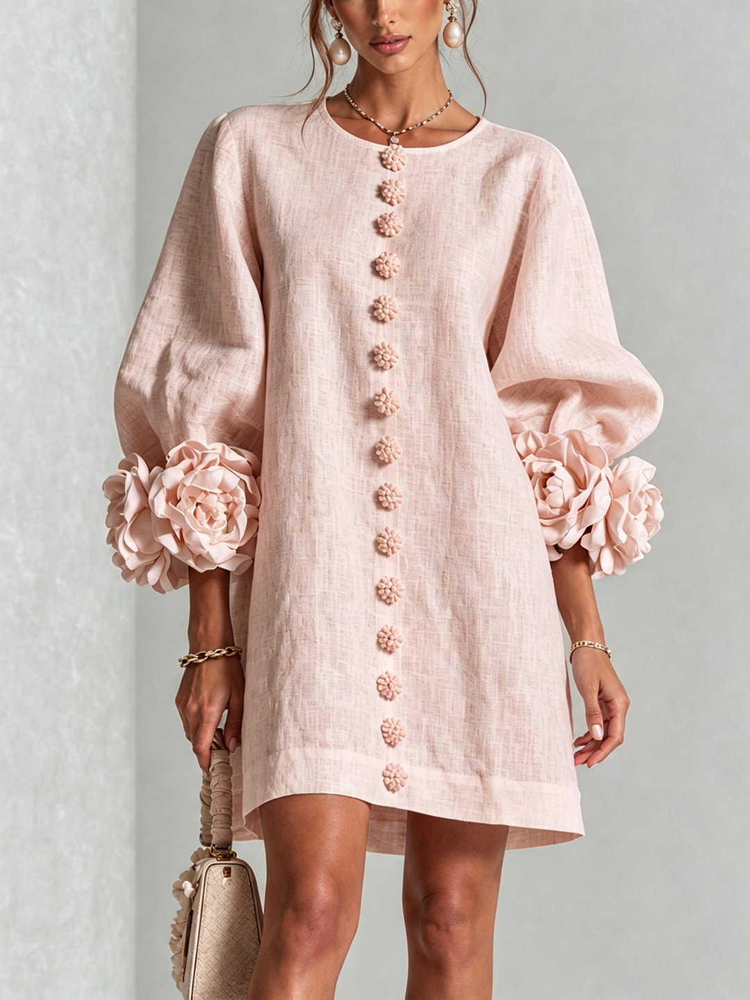 Women's Linen Tunic Mini Dress with Long Puff Sleeves