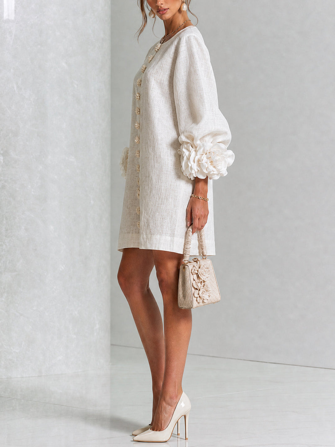 Women's Linen Tunic Mini Dress with Long Puff Sleeves