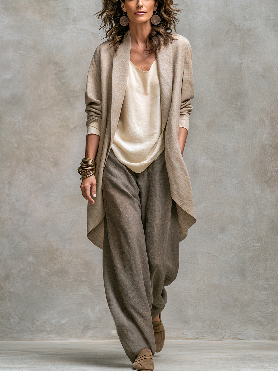 3-Piece Flowing Women's Set with Open Cardigan and Wide-Leg Pants