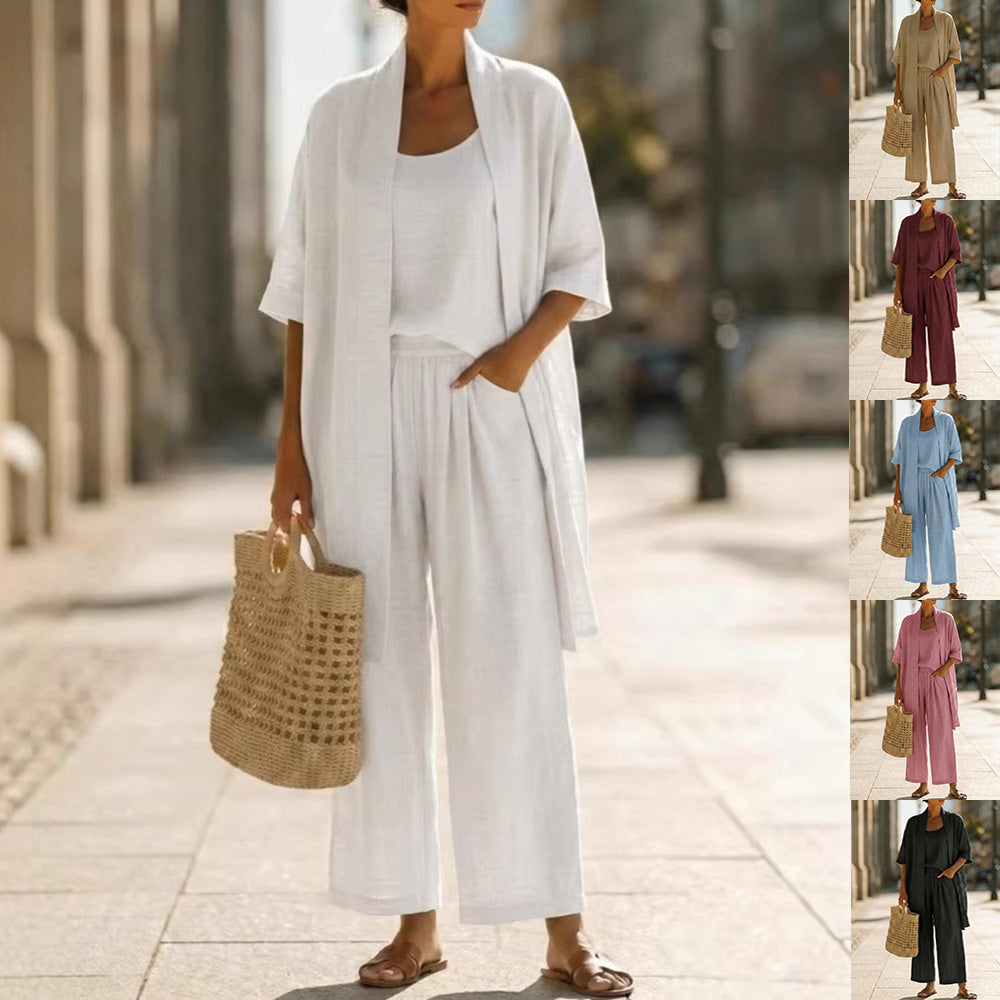 Three-piece Suit Women's Mid-length Cardigan Tank Top And Straight-leg With Pockets Fashion Trousers Set