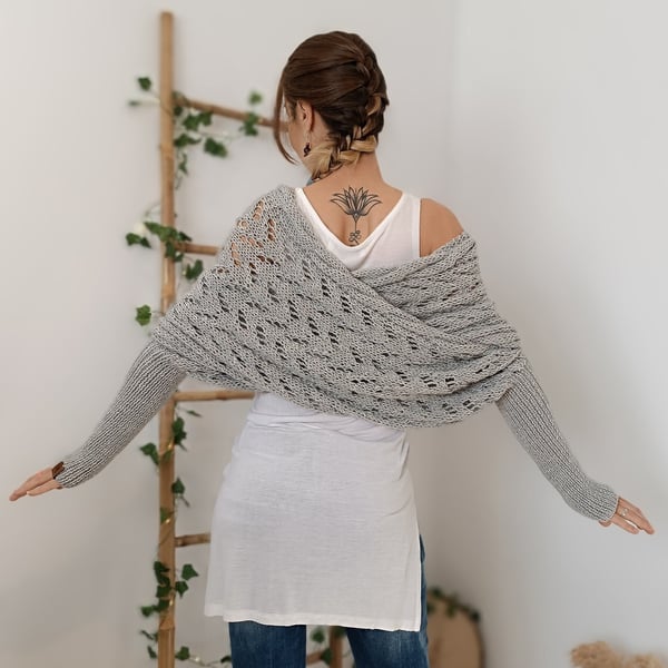 Wrap Scarf with Double Sleeves - Warm Knitted Scarf with Built-In Sleeves