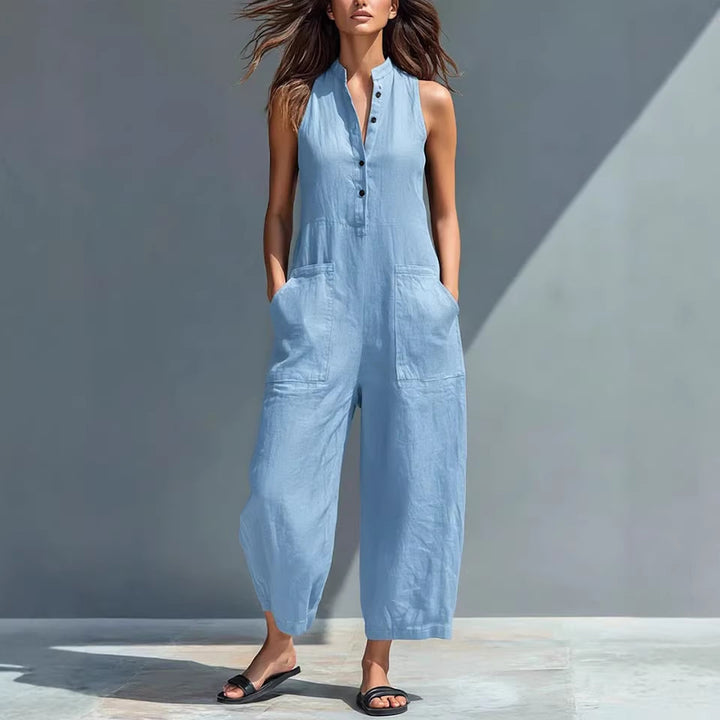 Summer Sleeveless Jumpsuit With Pockets Fashion Casual V-Neck Buttons Trousers Women's Overall Pants