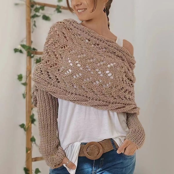 Wrap Scarf with Double Sleeves - Warm Knitted Scarf with Built-In Sleeves