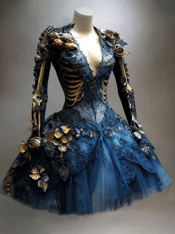 Women's Gothic Skeleton Long-Sleeve Mini Dress for Halloween
