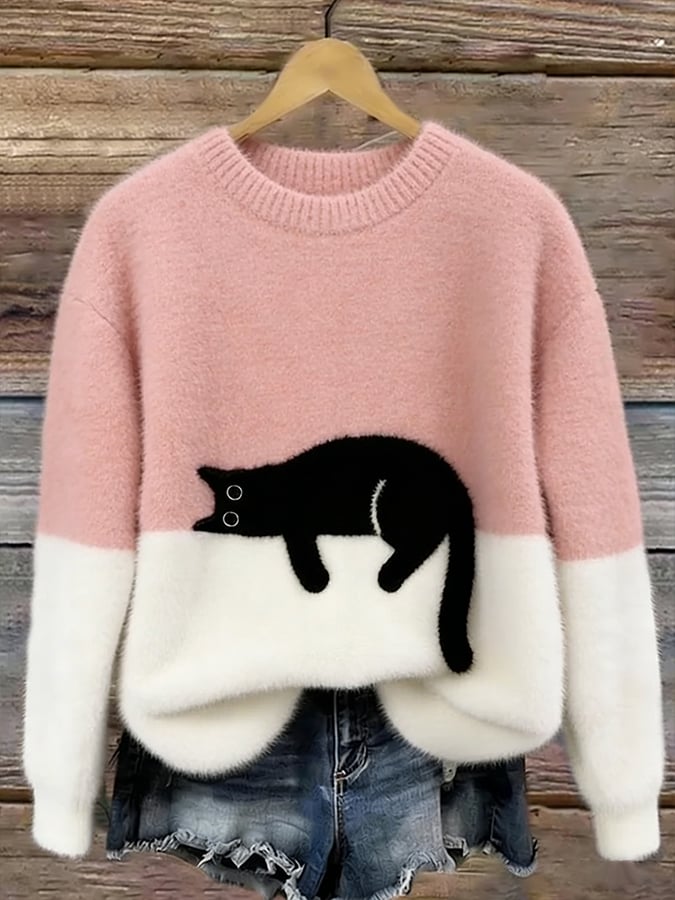 Oversized Sweater with Cat Print