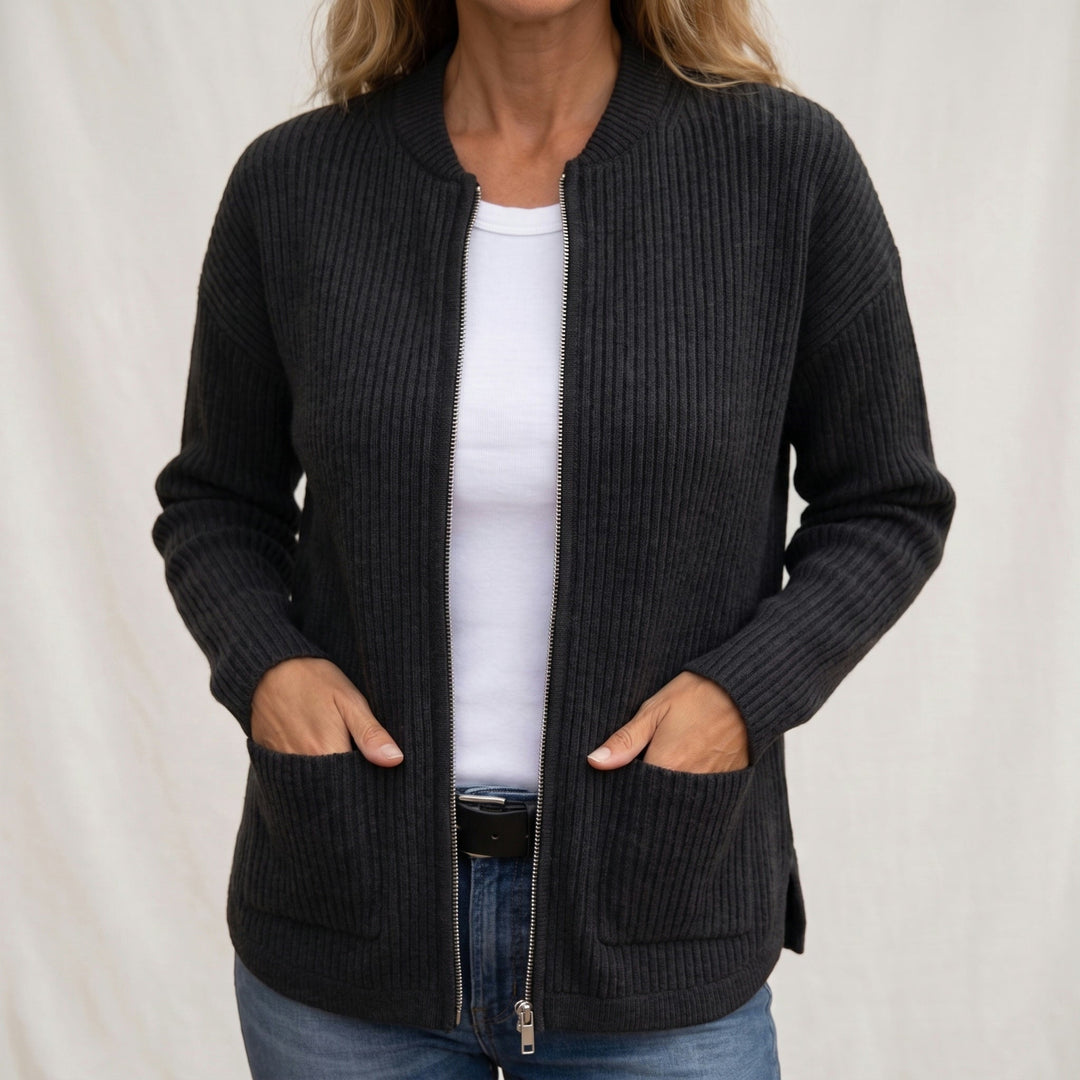 Cozy zip-up cardigan with deep front pockets