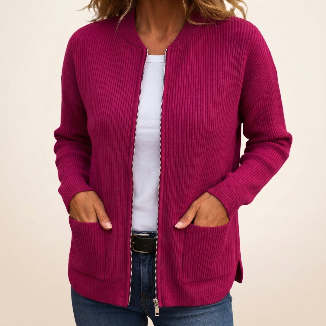 Cozy zip-up cardigan with deep front pockets