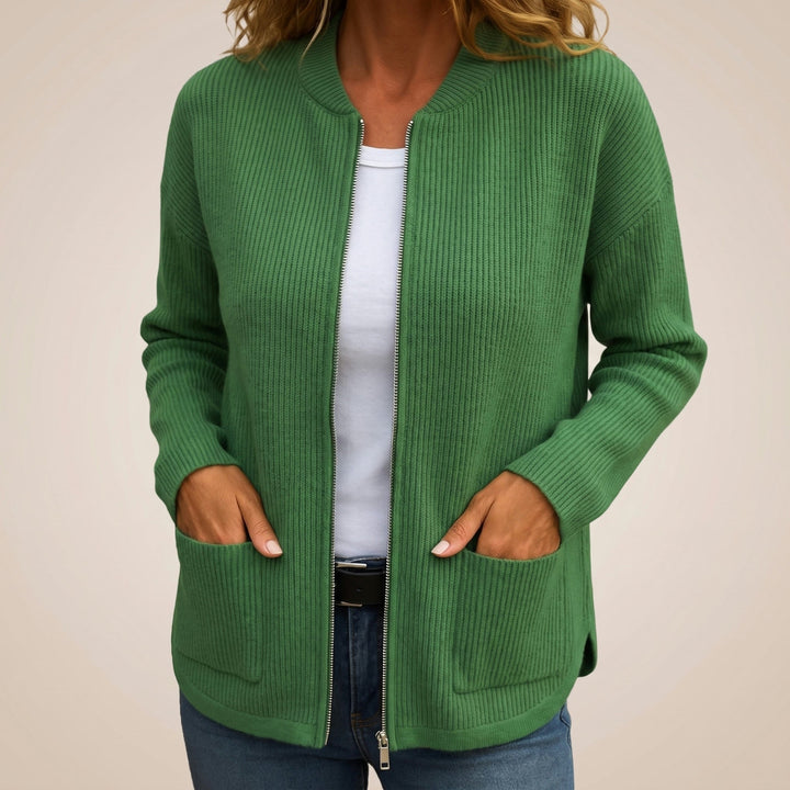Cozy zip-up cardigan with deep front pockets