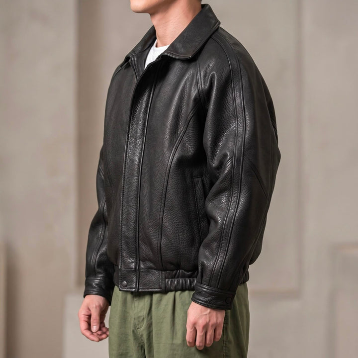Men's Leather Jacket with Zip – Structured Collar, Mid-Layer for Spring/Fall
