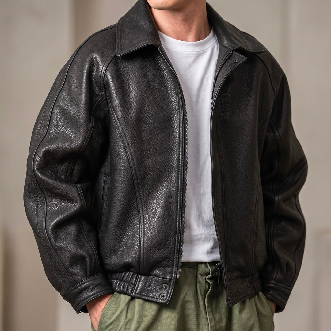Men's Leather Jacket with Zip – Structured Collar, Mid-Layer for Spring/Fall