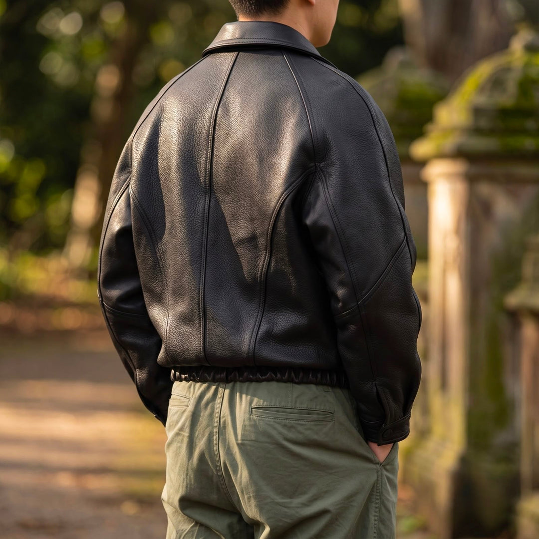 Men's Leather Jacket with Zip – Structured Collar, Mid-Layer for Spring/Fall