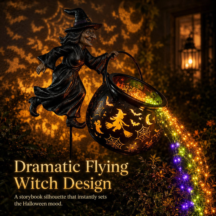 Halloween Witch's Cauldron Garden Lamp with Colorful Glow and Spooky Projections