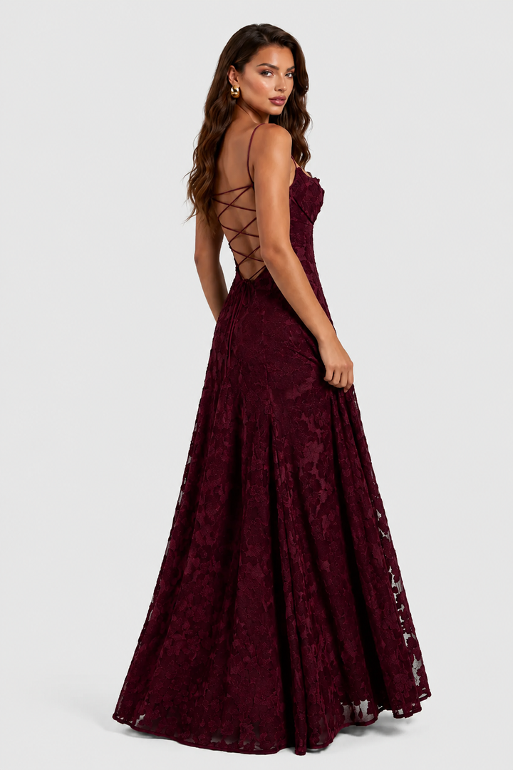 Raised 3D floral lace A-line midi-maxi dress with draped neckline