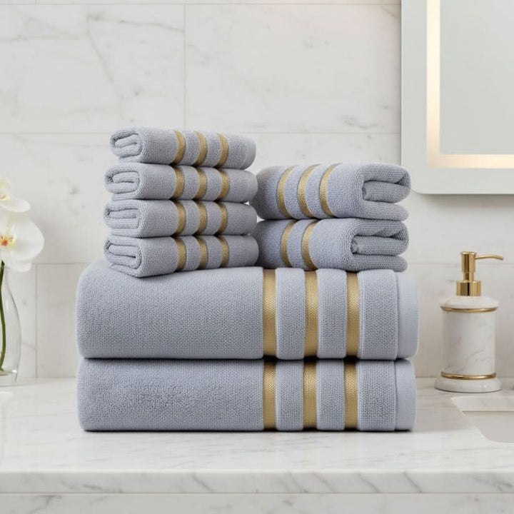Bath Towel Set with Terry Cloth Gold Stripes and Woven Border 8-Piece