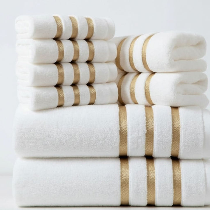 Bath Towel Set with Terry Cloth Gold Stripes and Woven Border 8-Piece