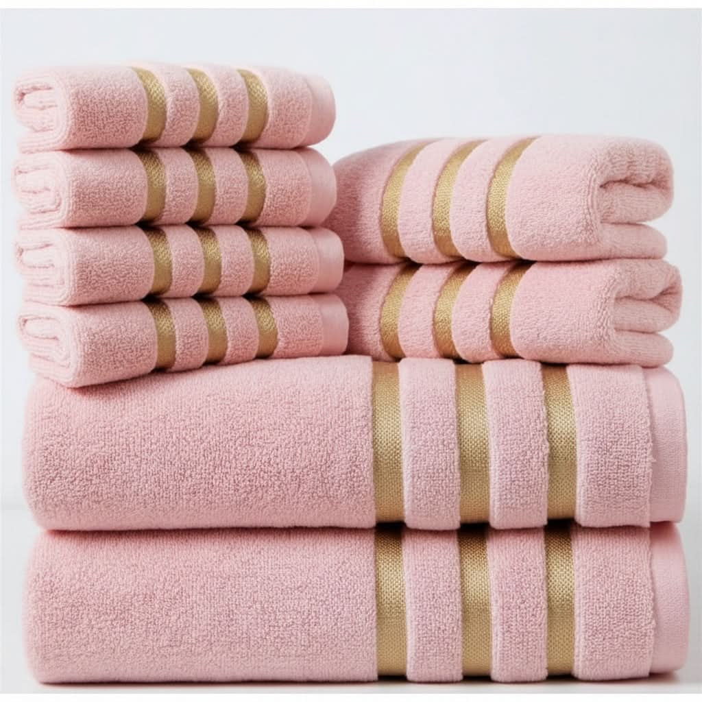 Bath Towel Set with Terry Cloth Gold Stripes and Woven Border 8-Piece